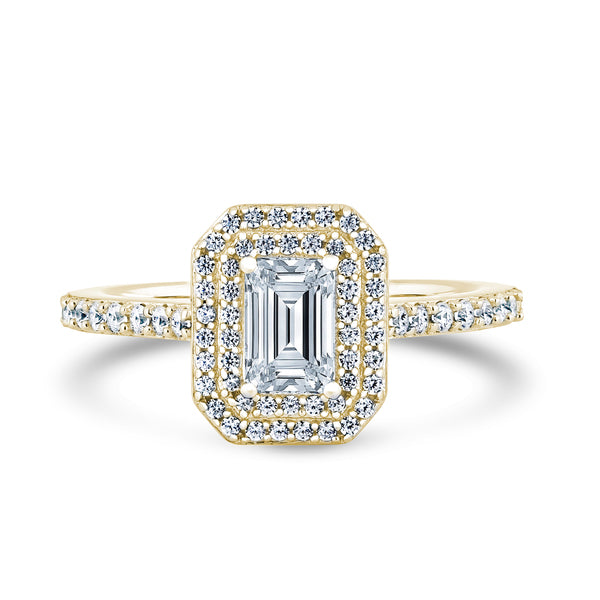 Double Halo Shoulder Set Ring | Yellow Gold, Emerald Diamond | EHW02 LGE