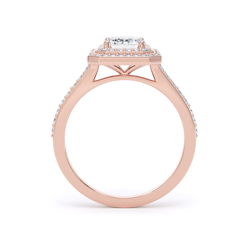 Double Halo Diamond Shoulder Ring | Rose Gold, Emerald Diamond | EHW02 SME