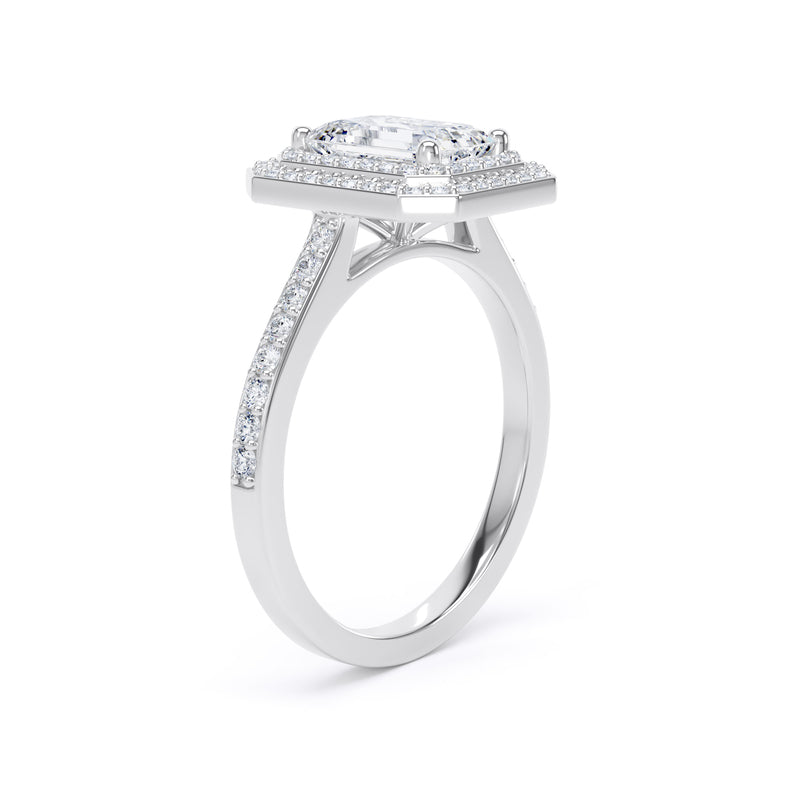 Double Halo Diamond Shoulder Ring | Platinum, Emerald Diamond | EHW02 SME