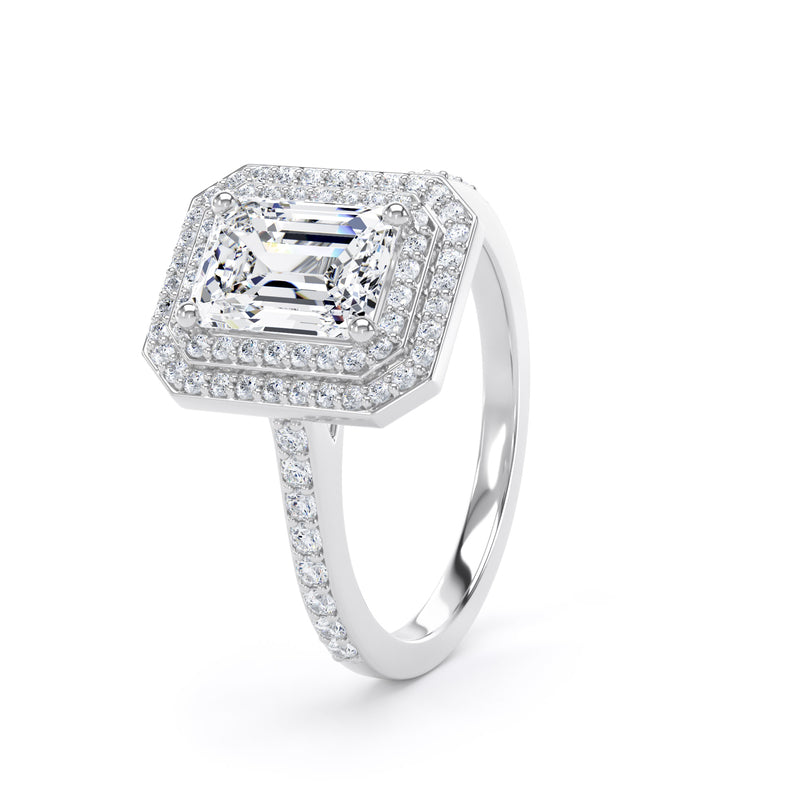 Double Halo Diamond Shoulder Ring | Platinum, Emerald Diamond | EHW02 SME