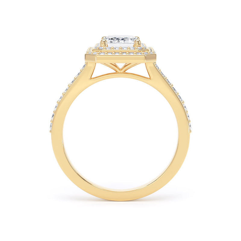 Double Halo Diamond Shoulder Ring | Yellow Gold, Emerald Diamond | EHW02 LGE