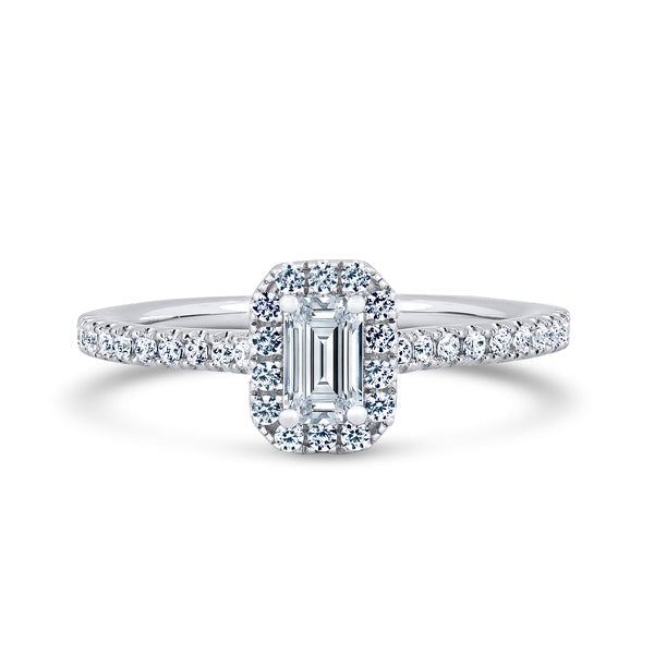 Emerald Double Halo Platinum Ring, Fishtail Shoulder Set | EHW03 LGE