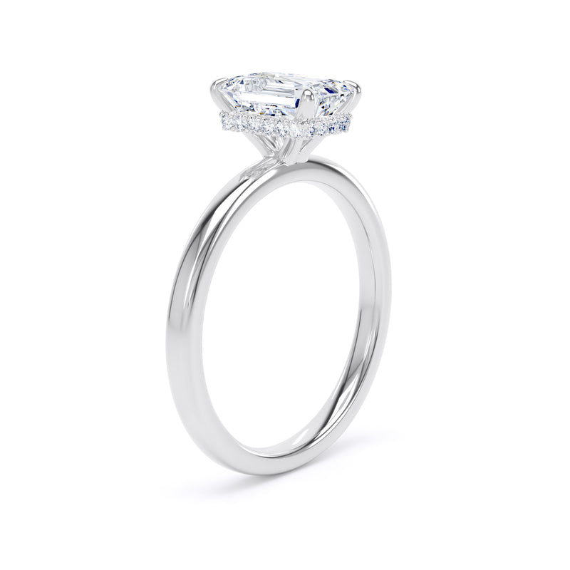 Emerald Diamond White Gold Ring, Plain Band Hidden Halo | LGE EPS01
