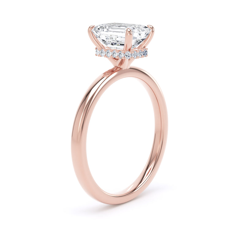 Emerald Diamond Rose Gold Ring, Plain Band Hidden Halo | SME EPS02