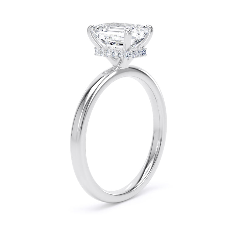 Emerald Diamond White Gold Ring, Plain Band Hidden Halo | LGE EPS02