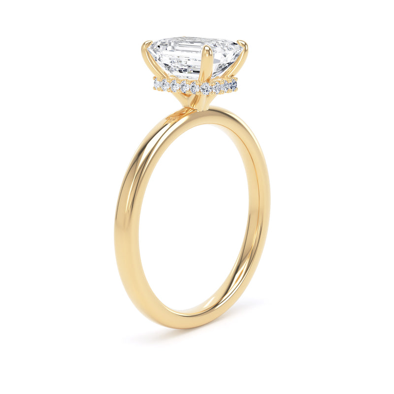 Emerald Diamond Yellow Gold Ring, Plain Band Hidden Halo | LGE EPS02