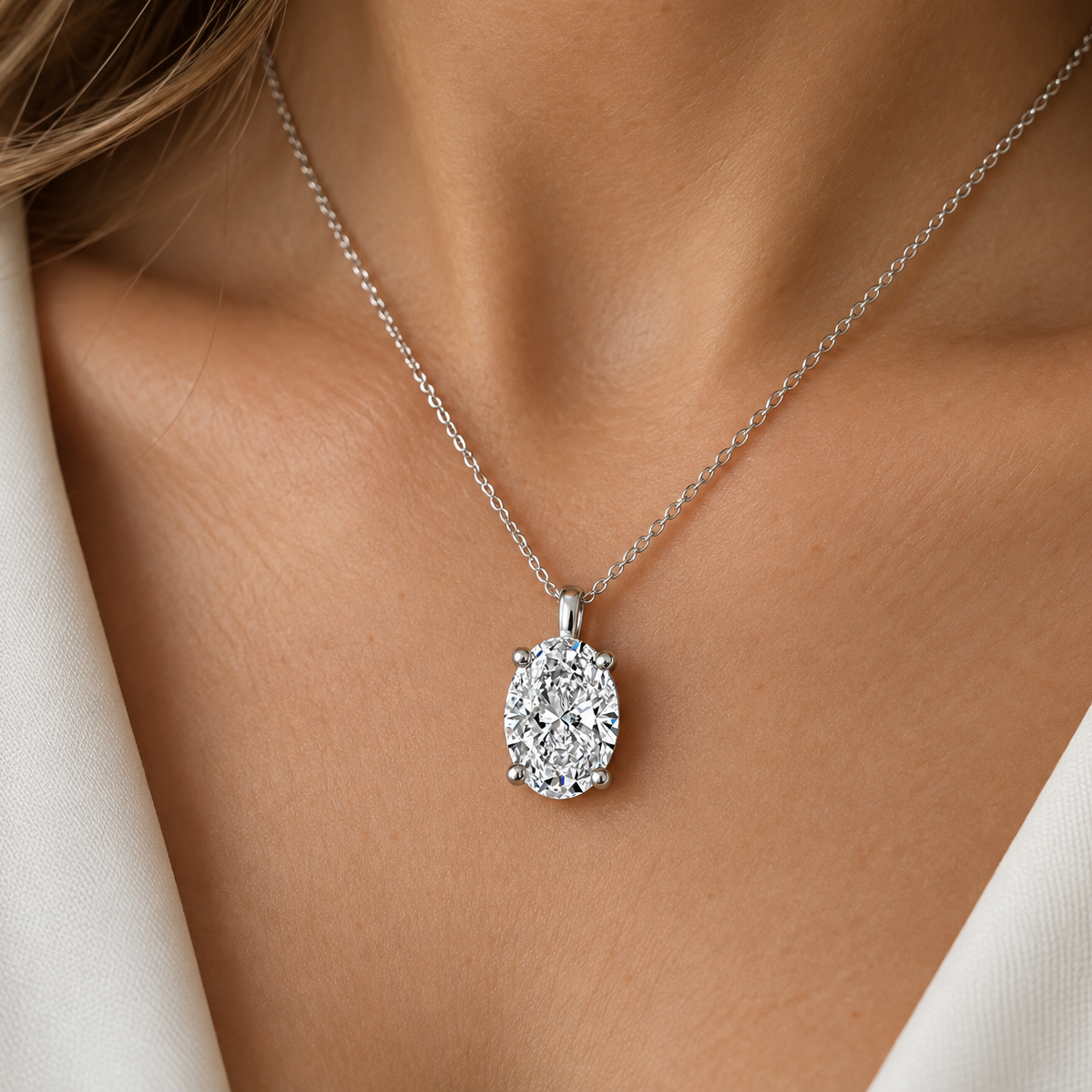 A close-up of a woman's neck and chest wearing a silver chain necklace with an oval diamond pendant.