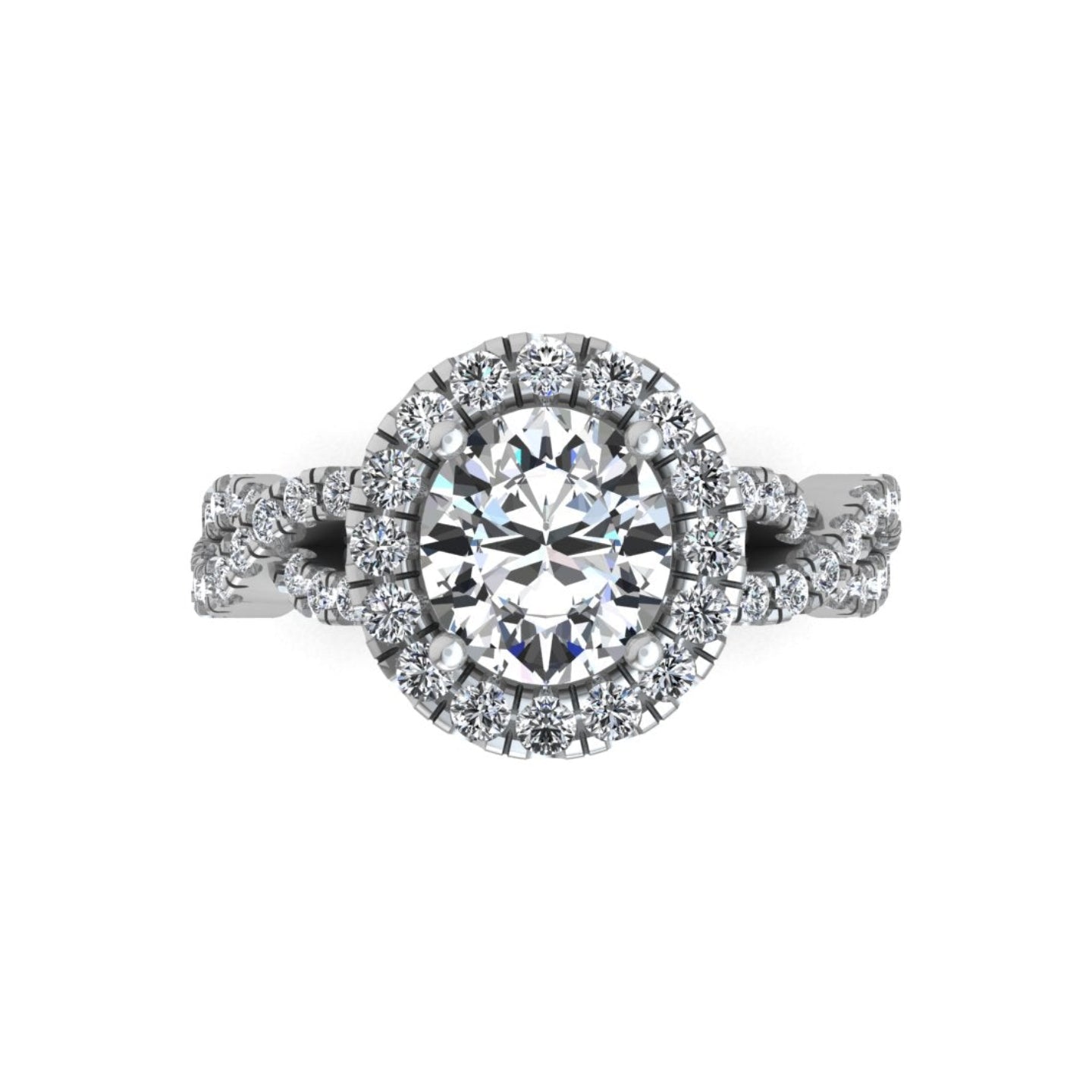 Diamond ring with a halo on a white background
