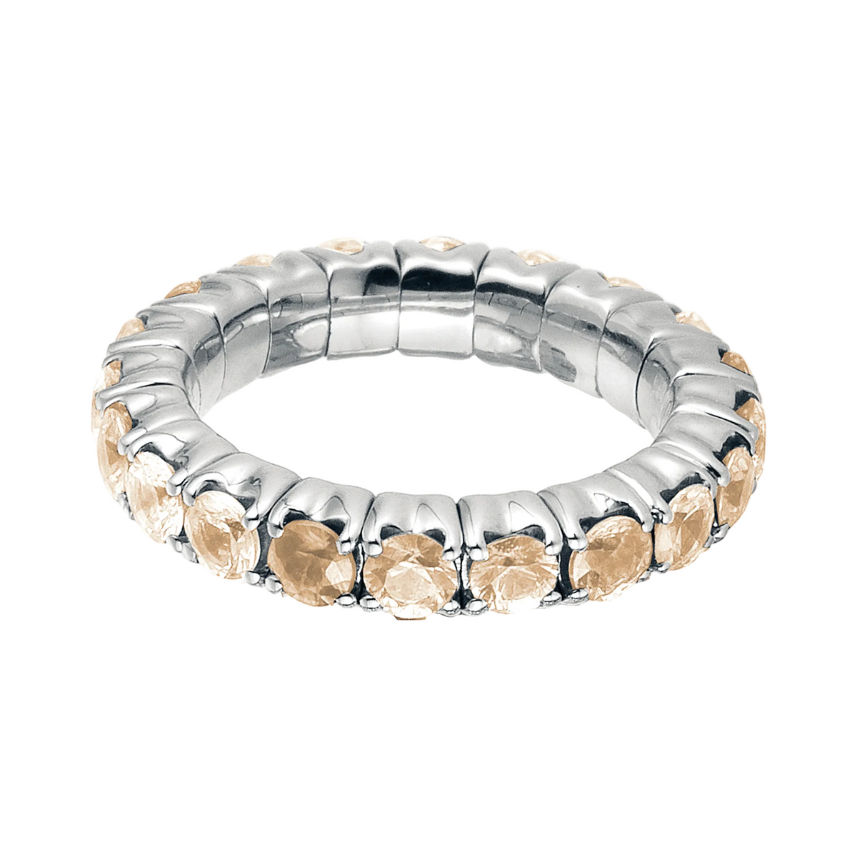 Silver ring with champagne diamonds on a white background