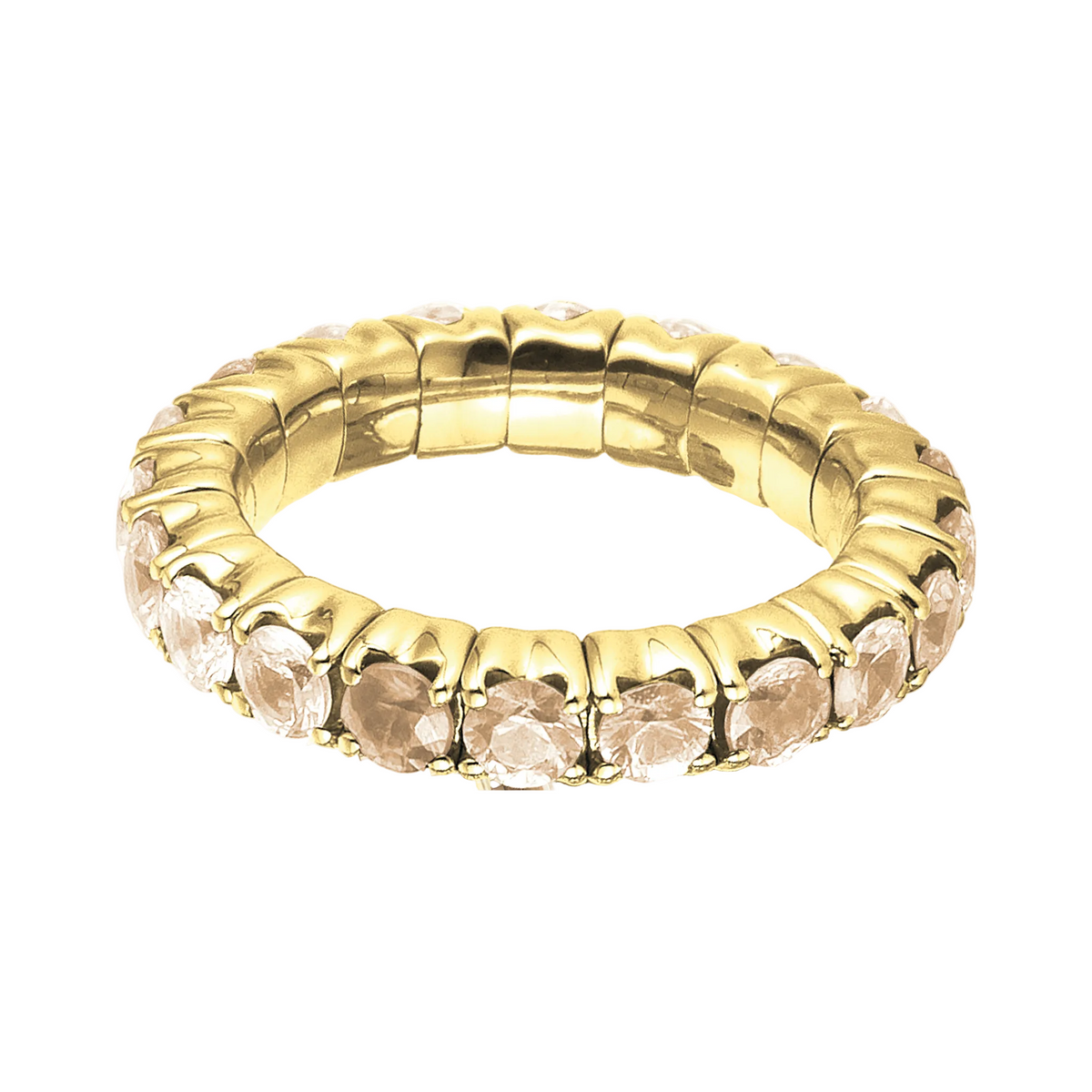 A gold eternity ring featuring a row of round, clear crystals set in a segmented band, shown against a plain white background.