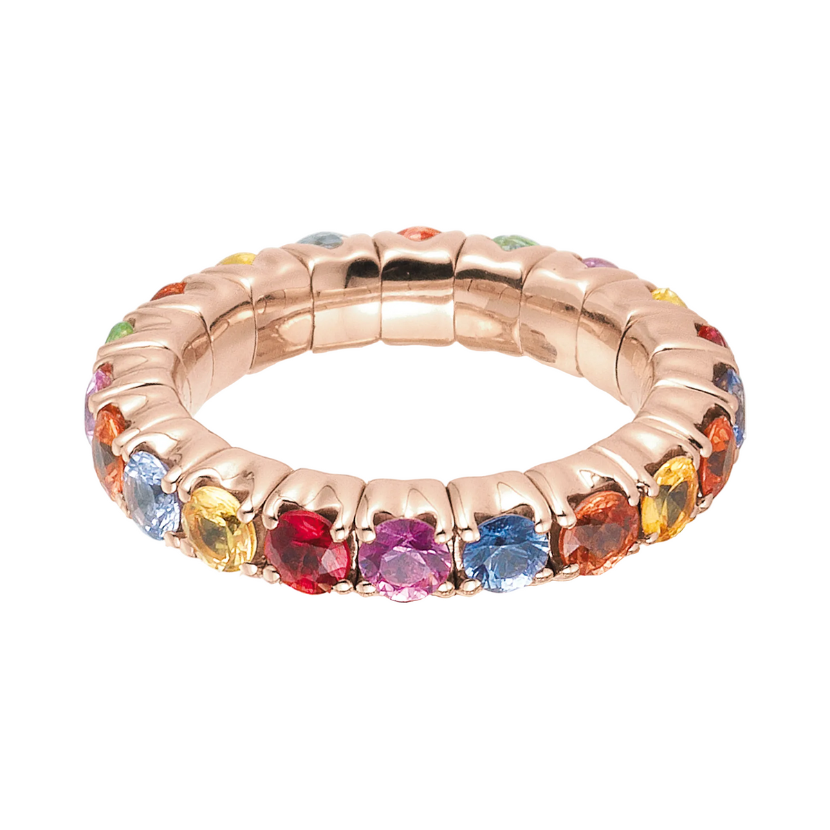 Rose gold ring with multicolored gemstones on a white background