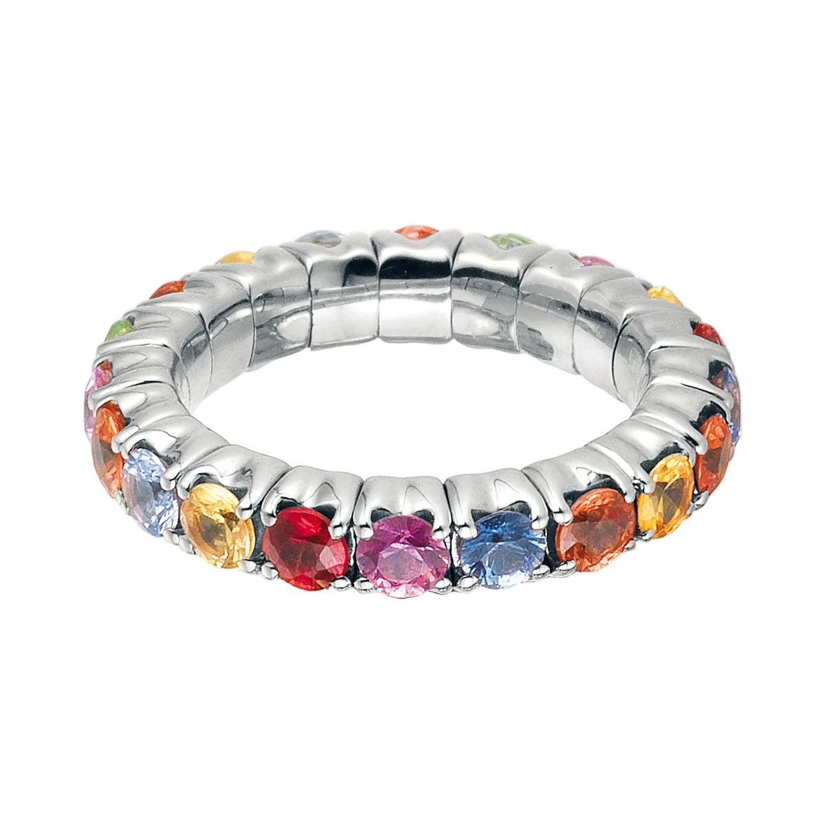 Silver ring with colorful gemstones on a white background