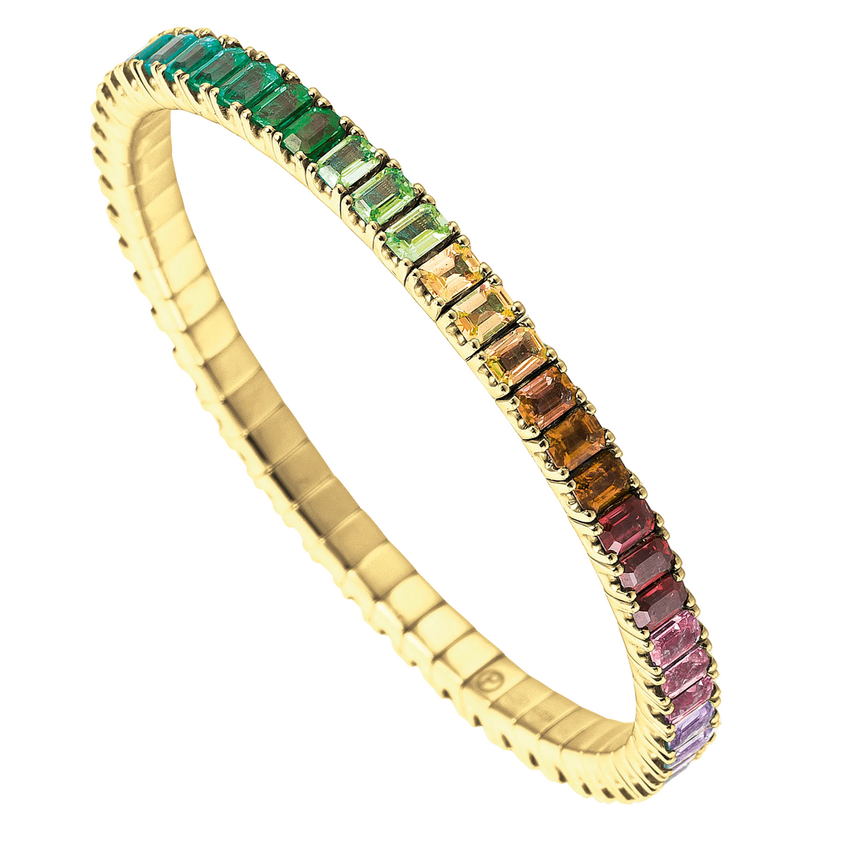 Gold bracelet with multicolored gemstones on a white background