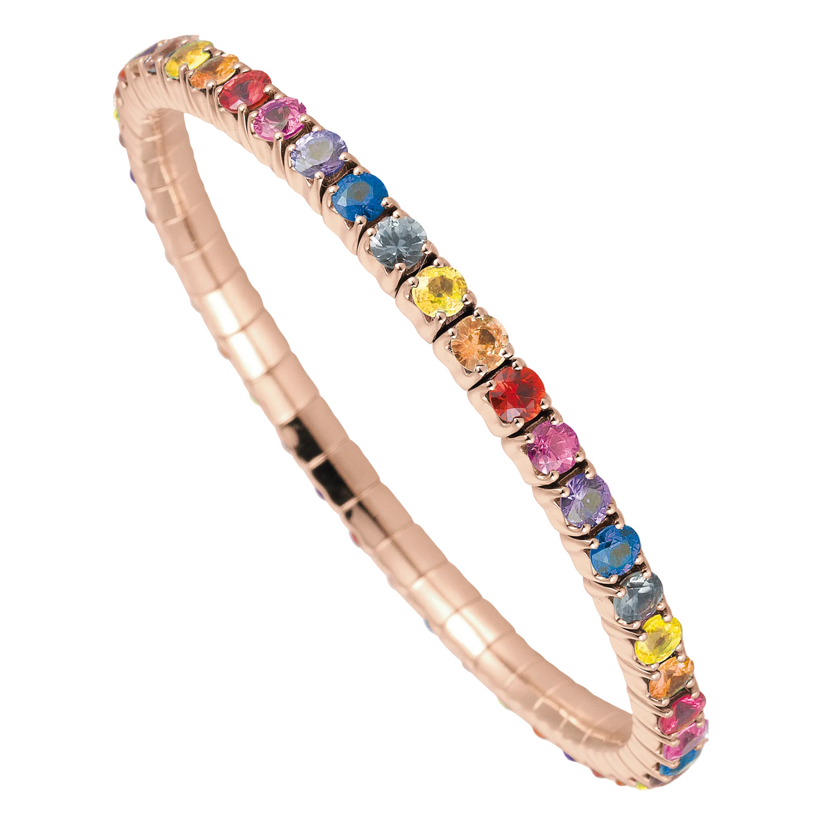 Rose gold tennis bracelet with multicolored gemstones on a white background