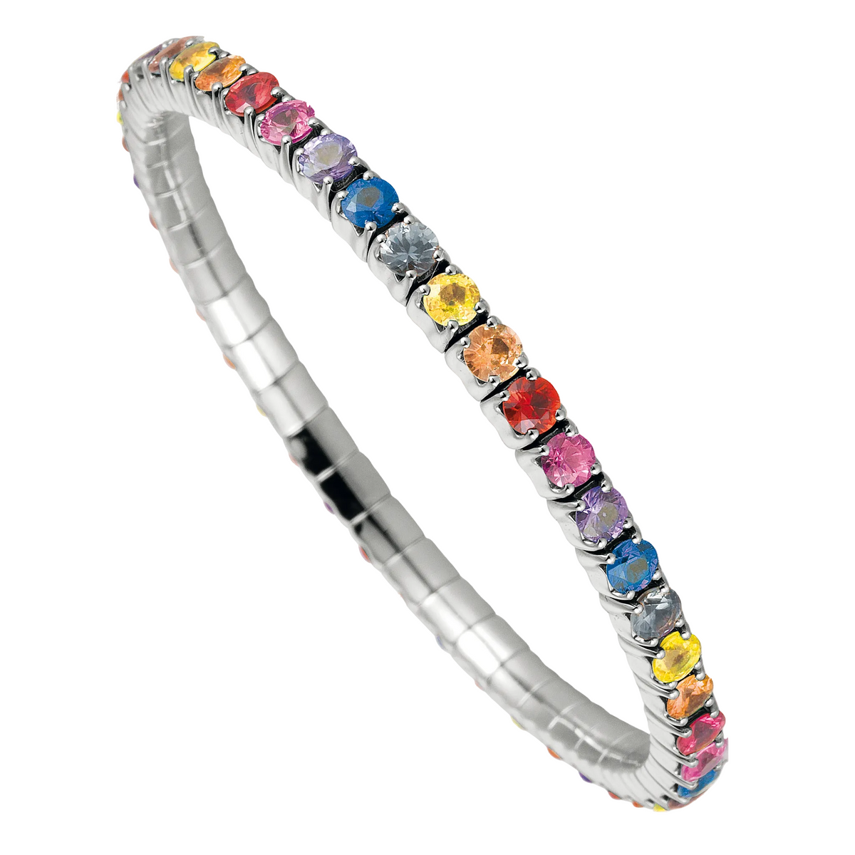 Silver tennis bracelet with multicolored gemstones on a white background