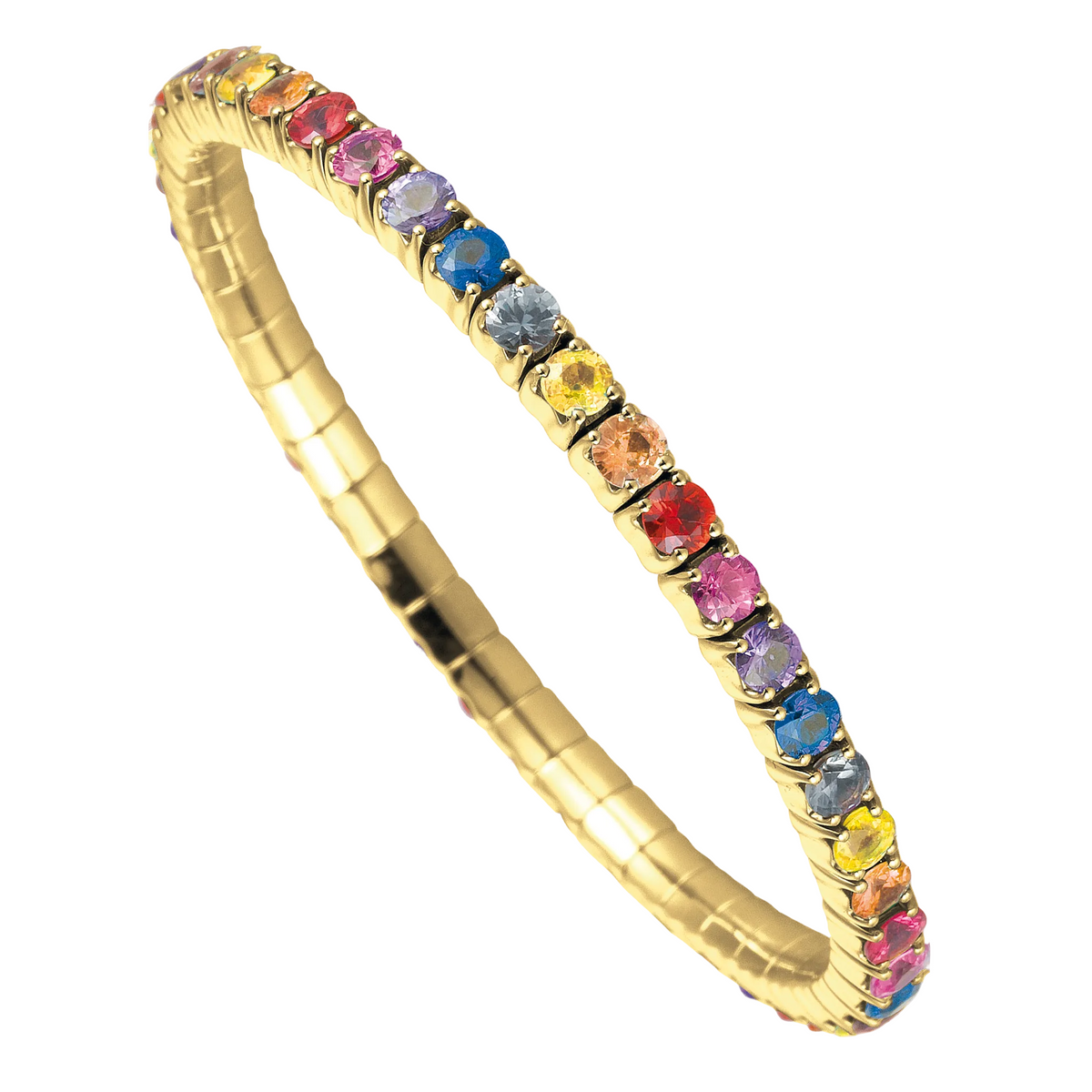 Gold tennis bracelet with multicolored gemstones on a white background