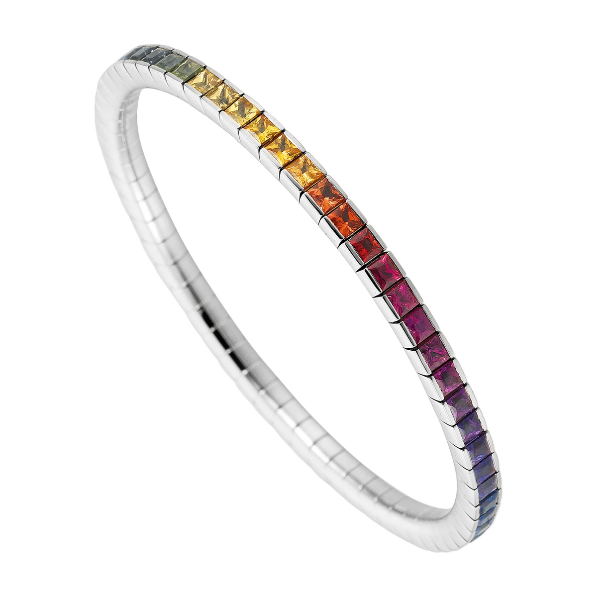 Silver bracelet with multicolored stones on a white background