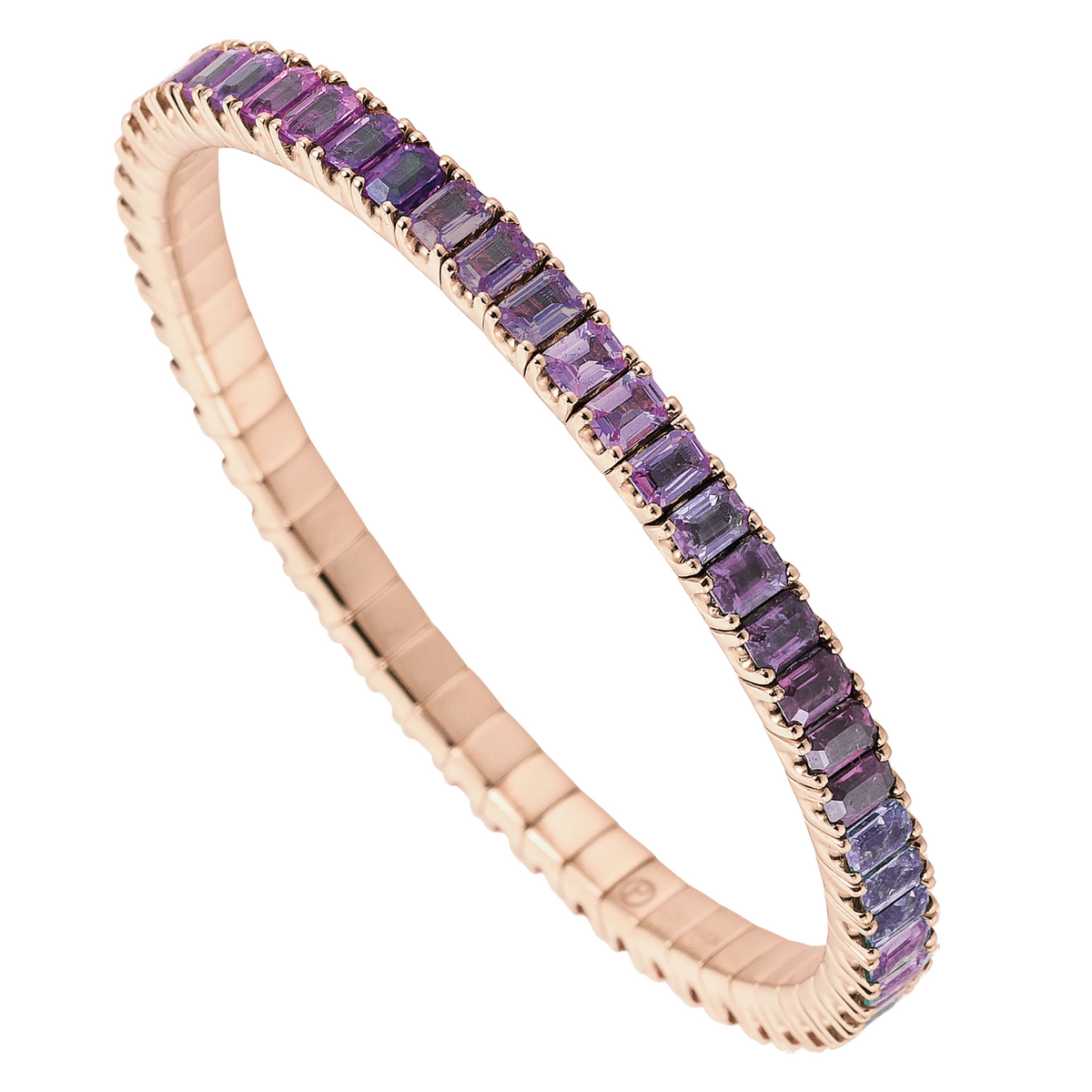 Rose gold tennis bracelet with purple gemstones on a white background