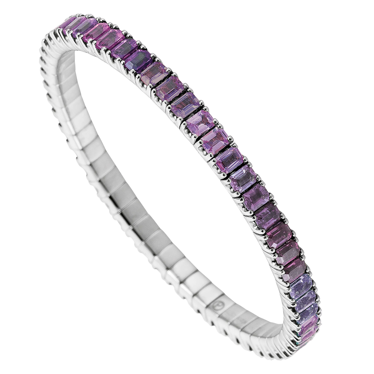 Silver bracelet with purple gemstones on a white background