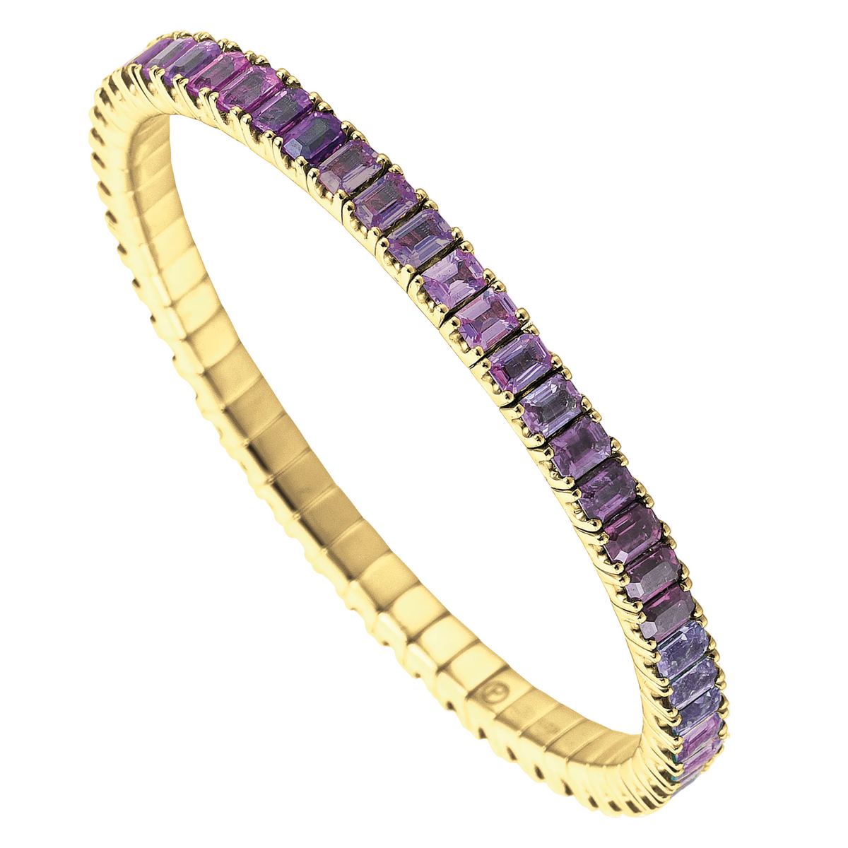 Gold tennis bracelet with purple gemstones on a white background