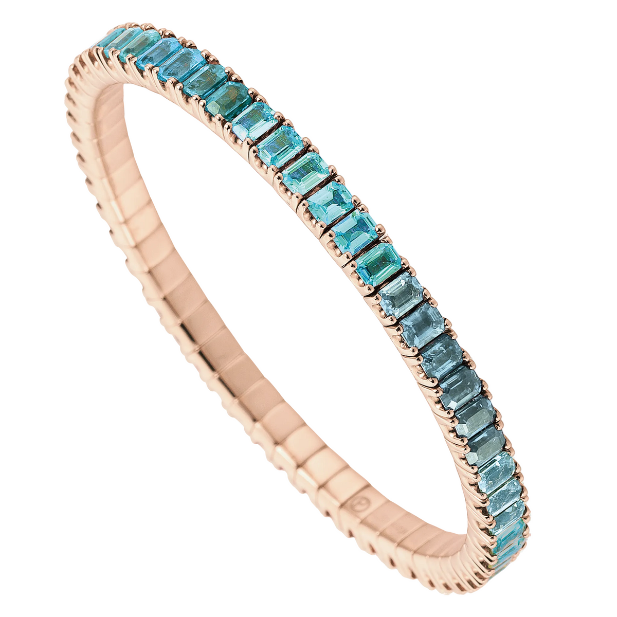 Rose gold tennis bracelet with blue gemstones on a white background