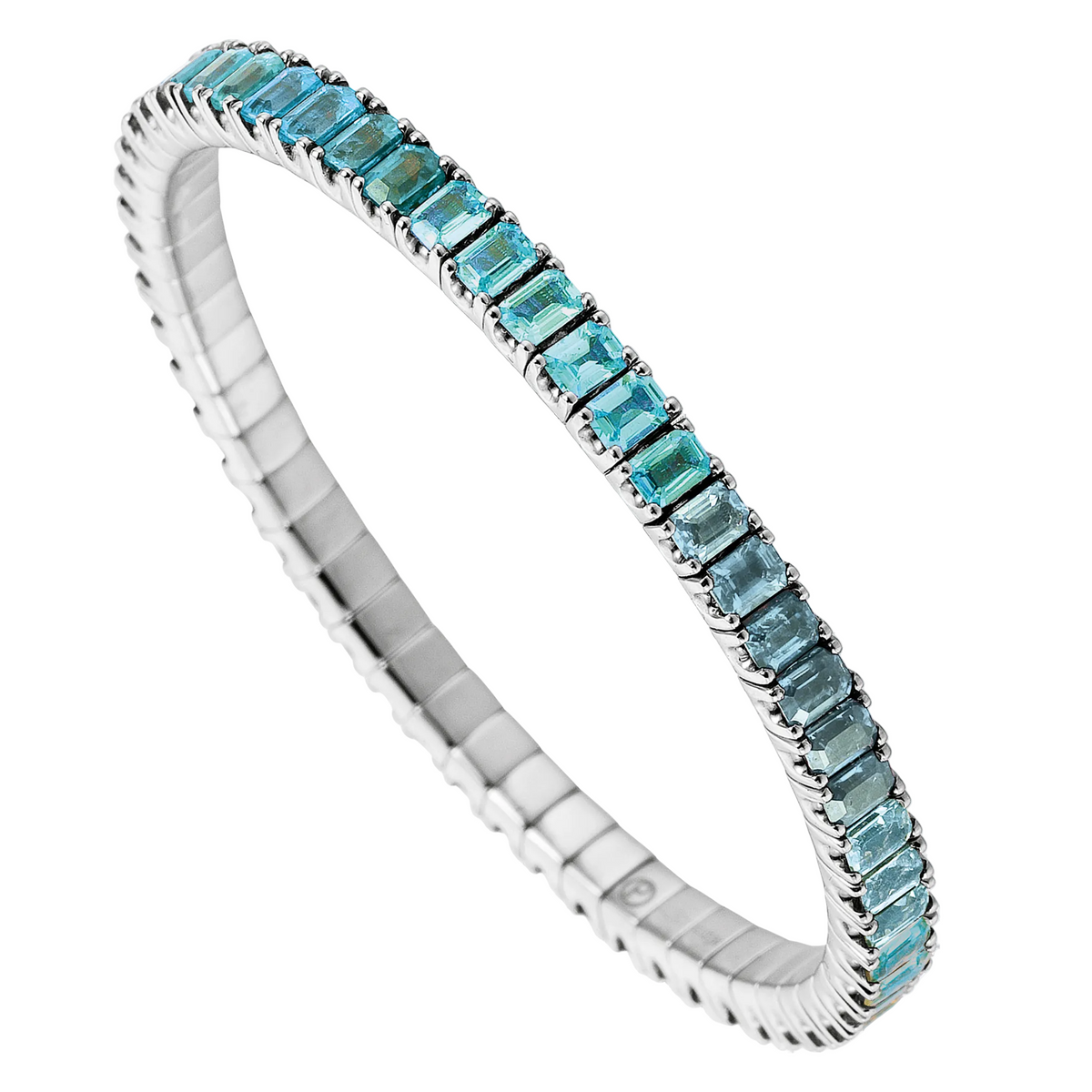 Silver bracelet with blue gemstones on a white background