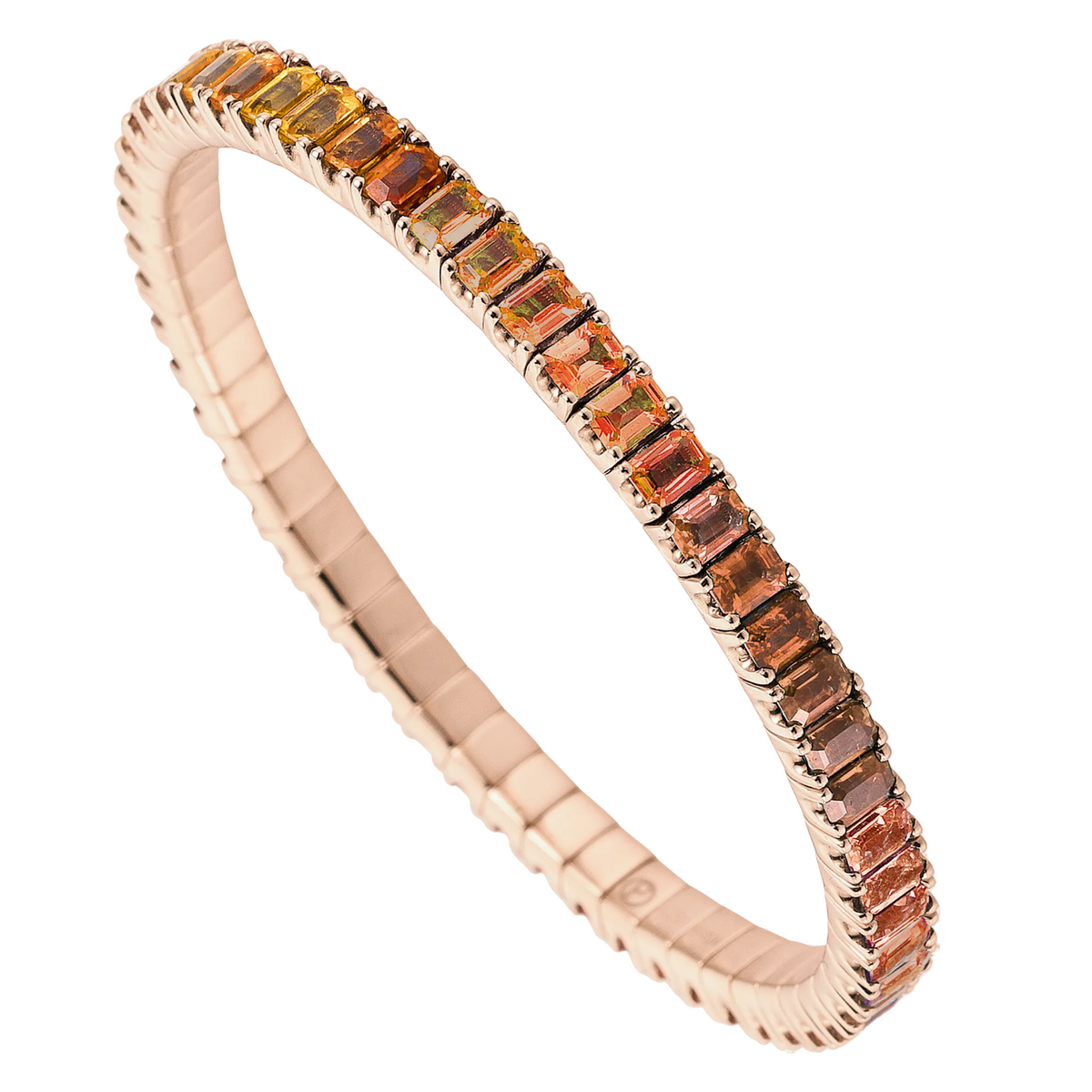 Rose gold bracelet with brown gemstones on a white background