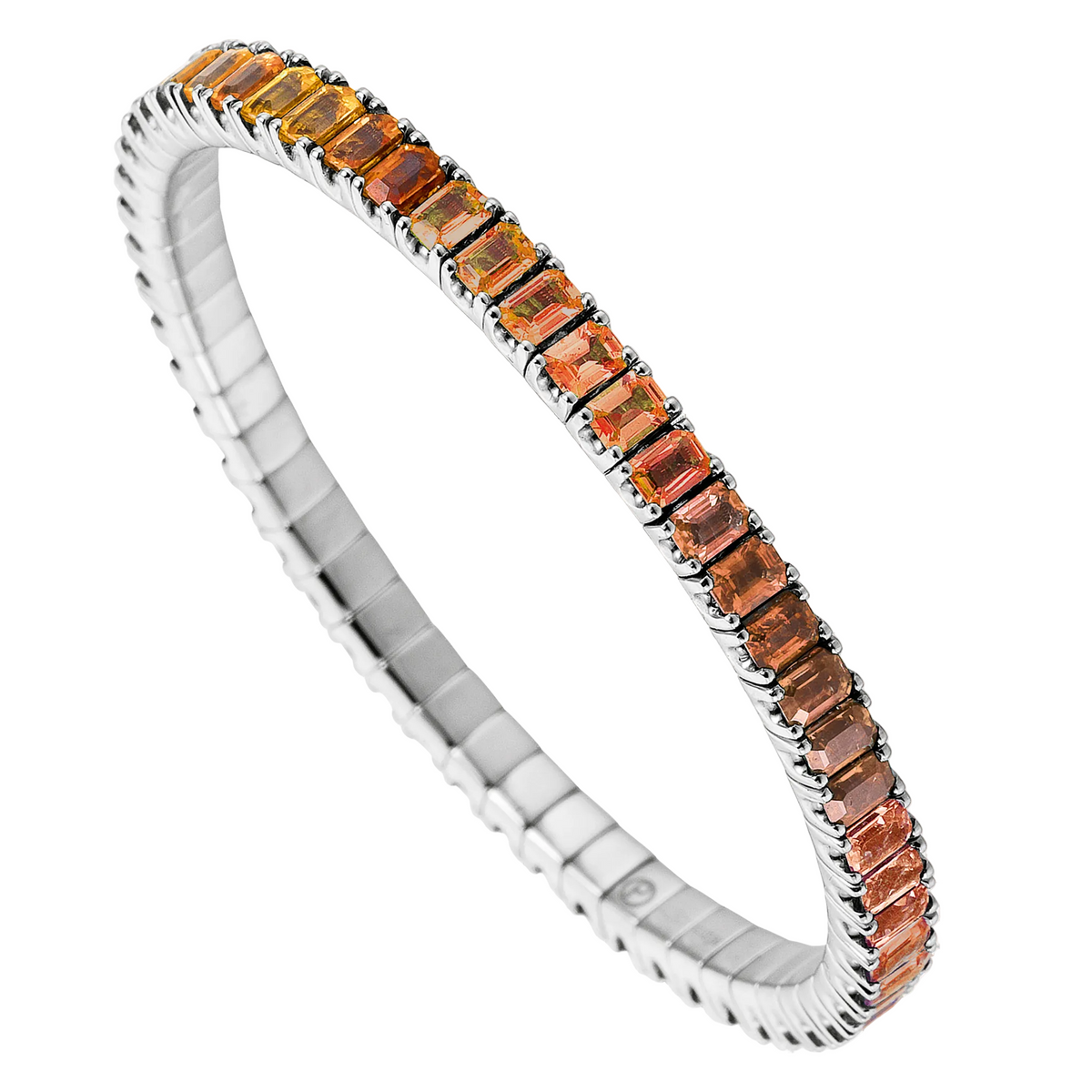 Silver bracelet with orange gemstones on a white background