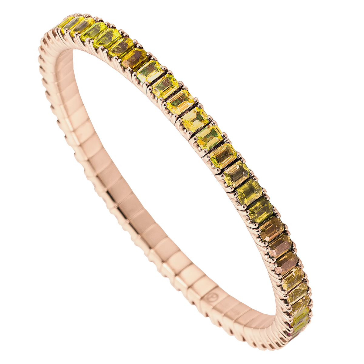 Rose gold bracelet with green gemstones on a white background