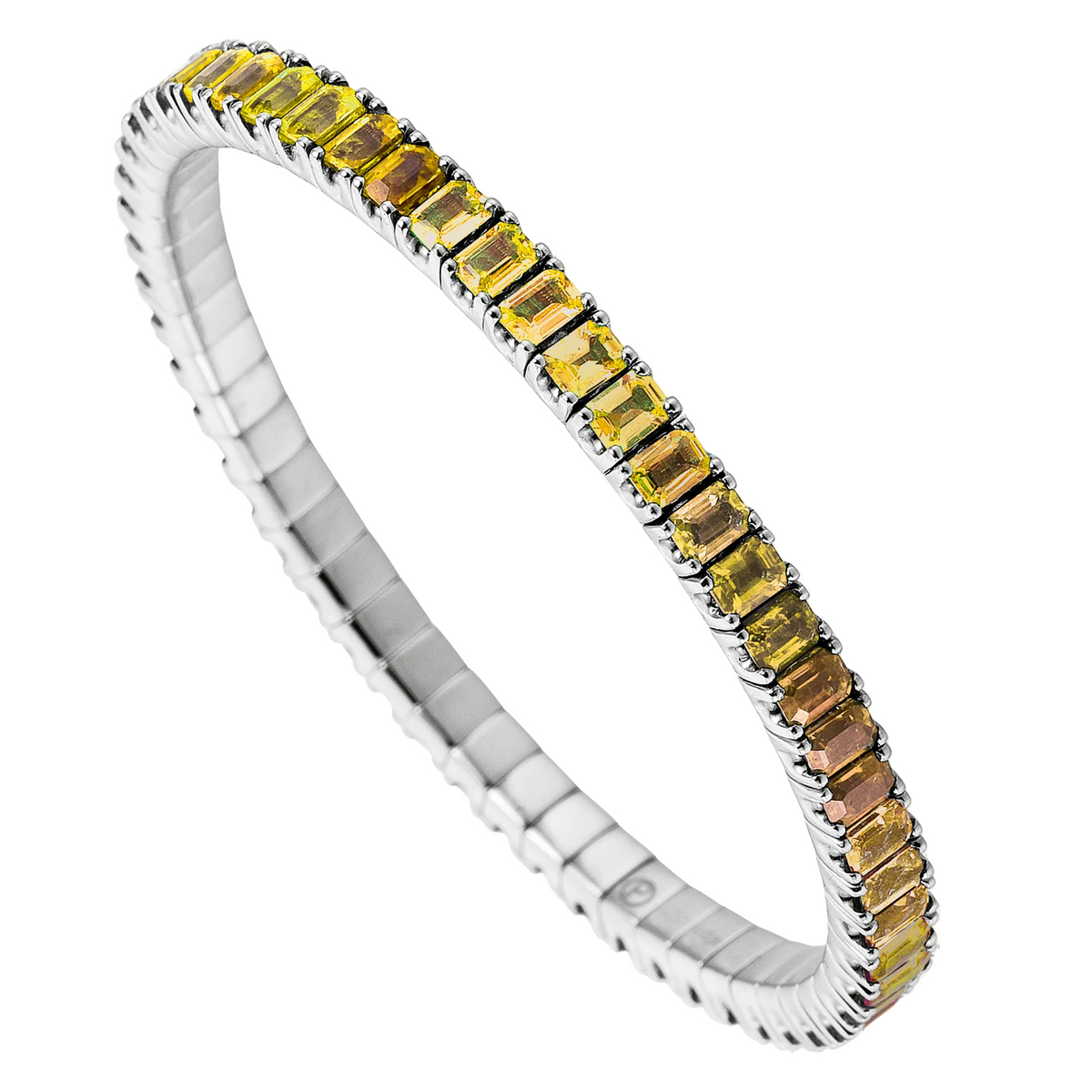 Silver bracelet with multicolored gemstones on a white background