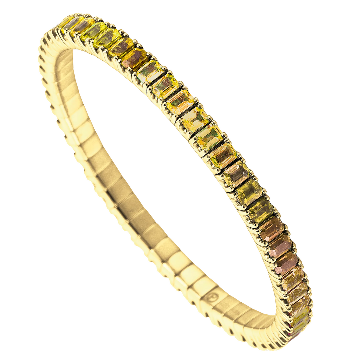 Gold bracelet with green gemstones on a white background