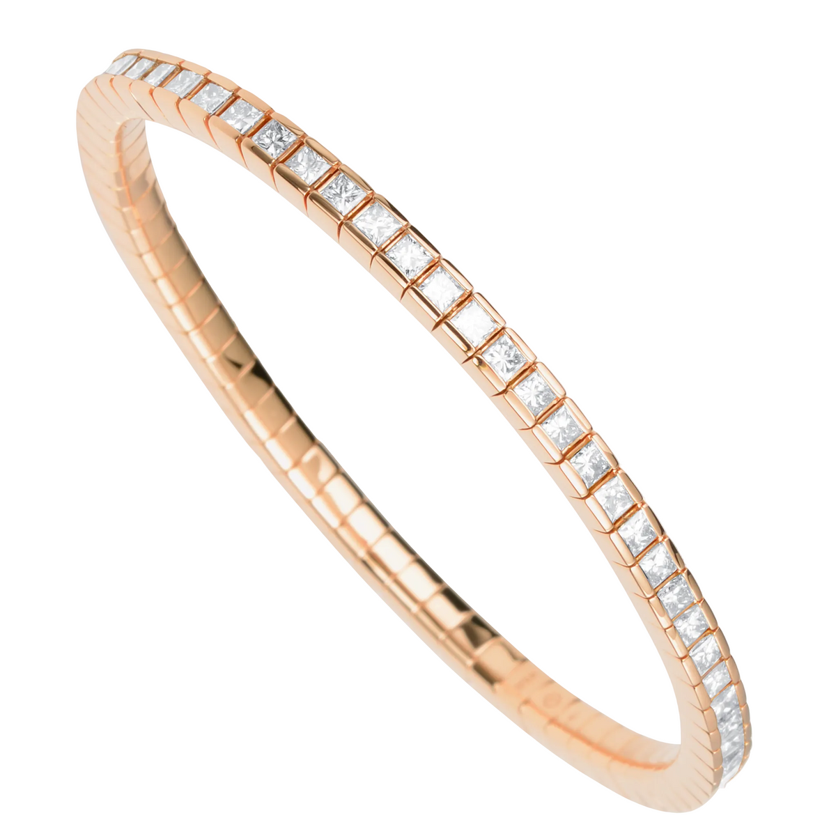 A rose gold eternity band bracelet featuring a continuous row of square-cut clear gemstones in a bezel setting, shown on a pure white background.