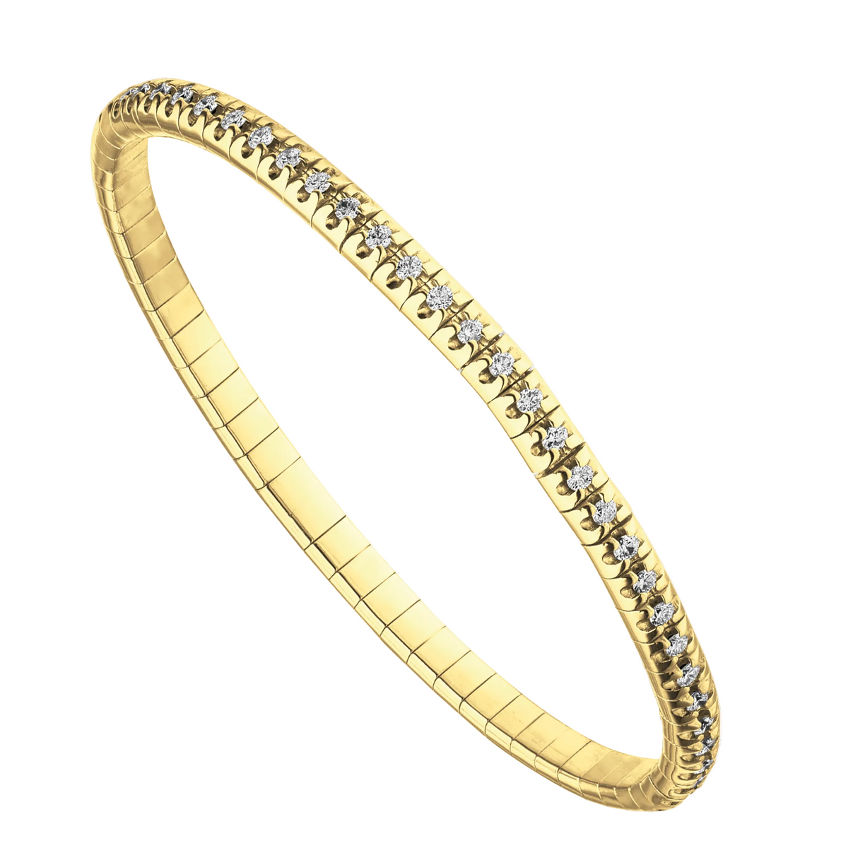 A yellow gold bangle bracelet featuring a single row of small clear pavé-set round stones along the outer edge, shown on a plain white background.