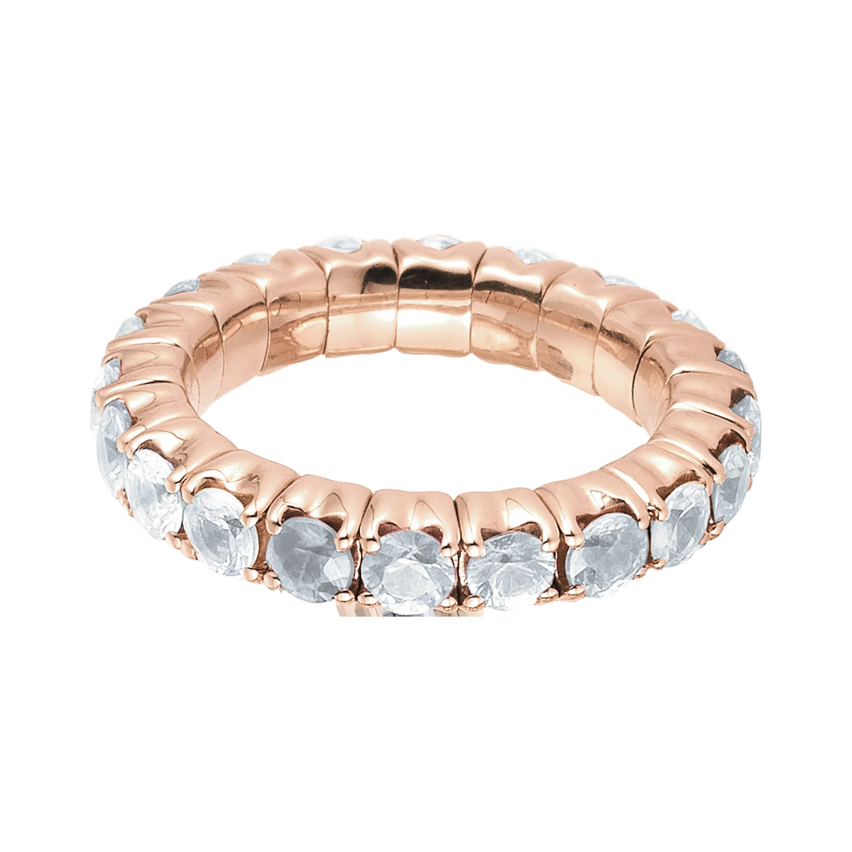 Rose gold ring with clear gemstones on a white background