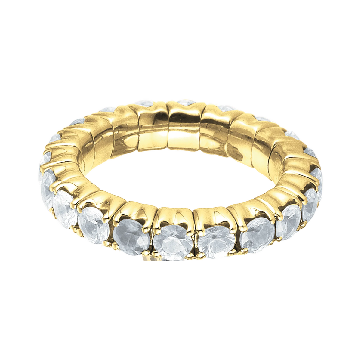 A yellow gold eternity ring featuring a continuous row of round clear gemstones, shown on a plain white background.