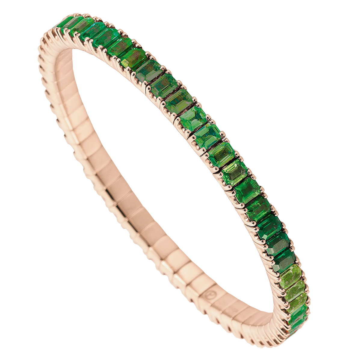 Rose gold bracelet with green gemstones on a white background
