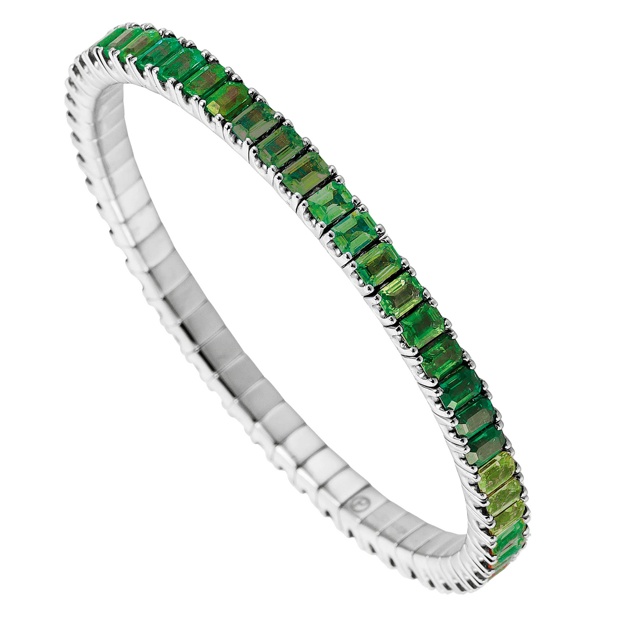 Silver bracelet with green gemstones on a white background
