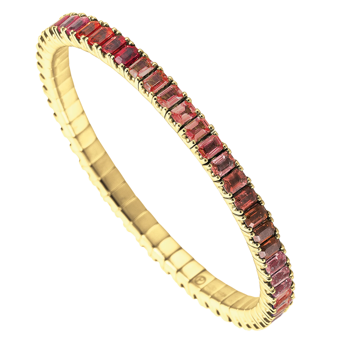 Gold bracelet with red gemstones on a white background