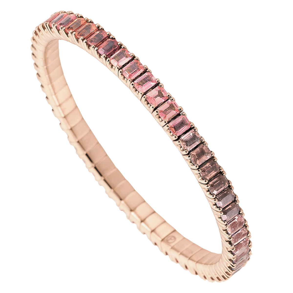 Rose gold bracelet with pink gemstones on a white background