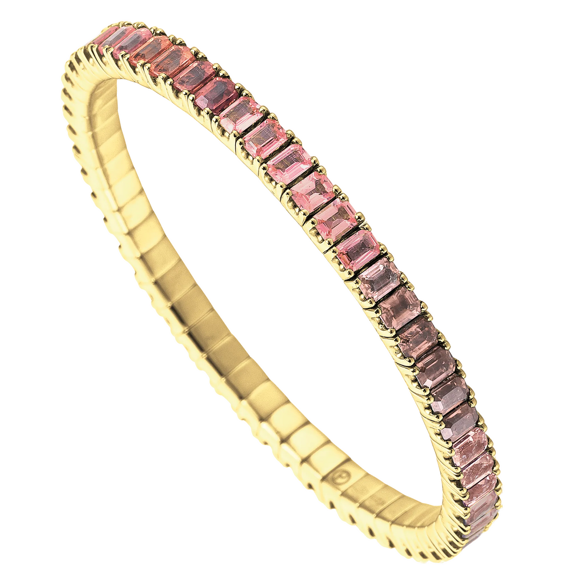 Gold bracelet with pink gemstones on a white background