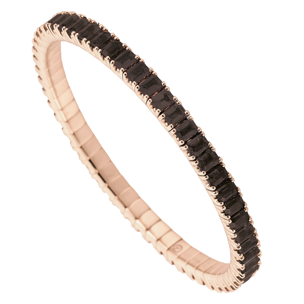 Rose gold bracelet with black stones on a white background