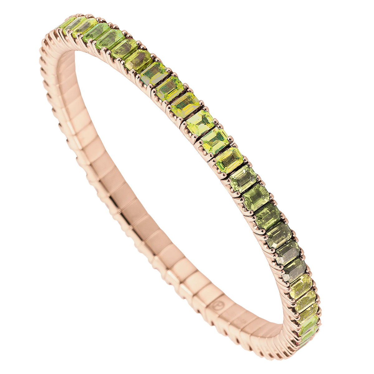 Rose gold bracelet with green gemstones on a white background
