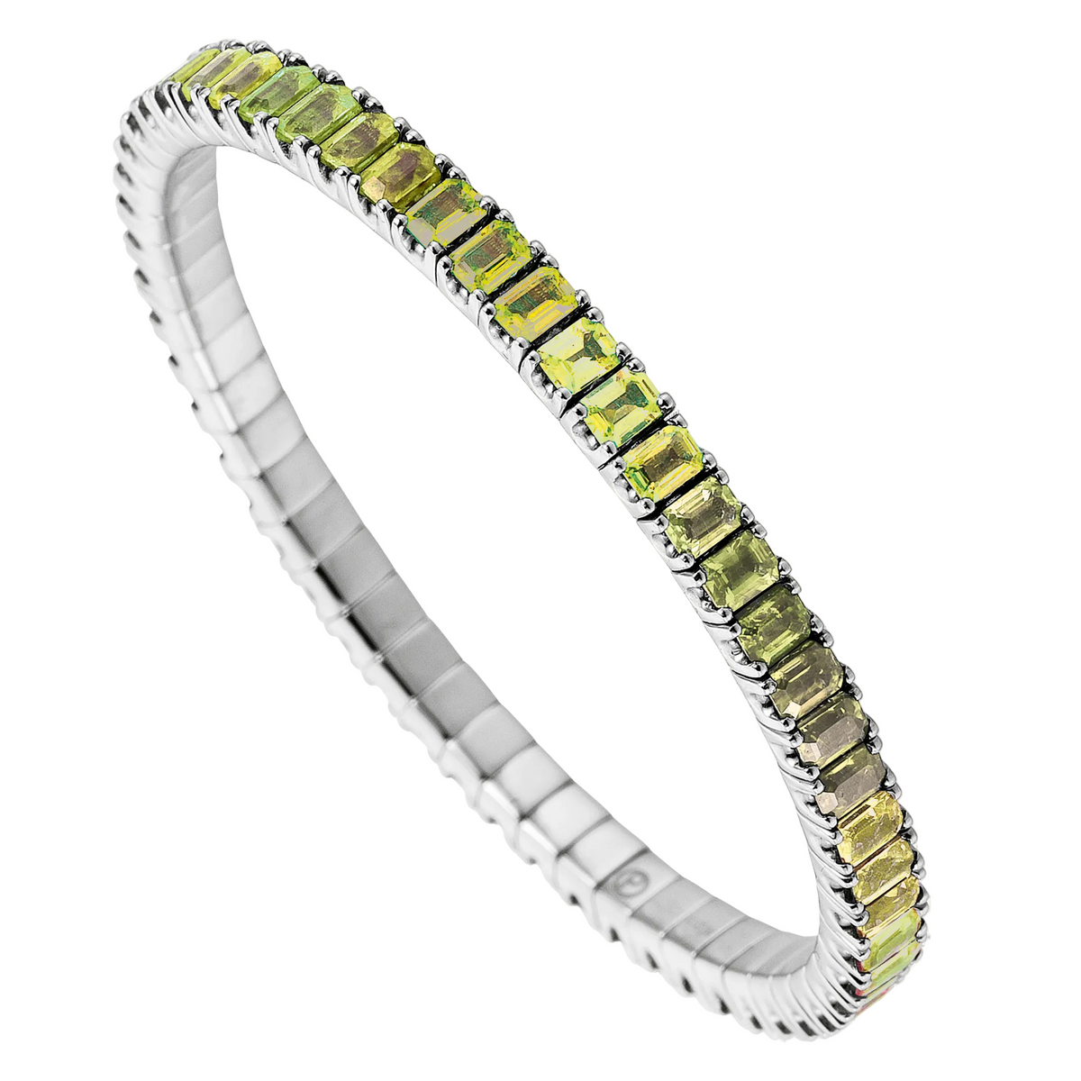 Silver bracelet with green gemstones on a white background