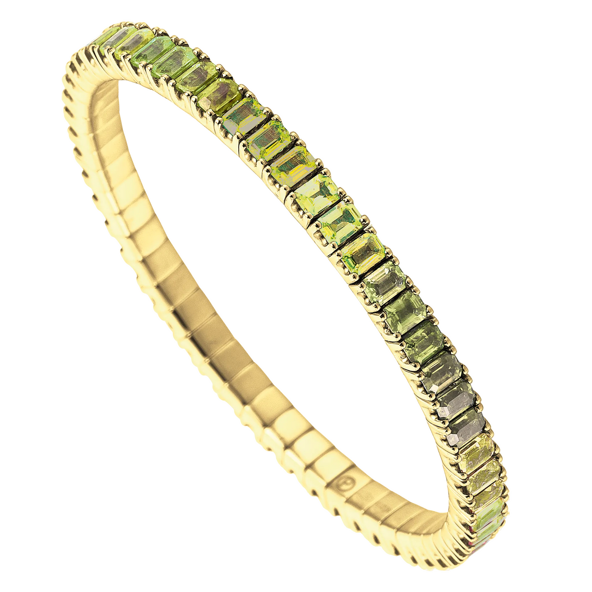 Gold tennis bracelet with green gemstones on a white background