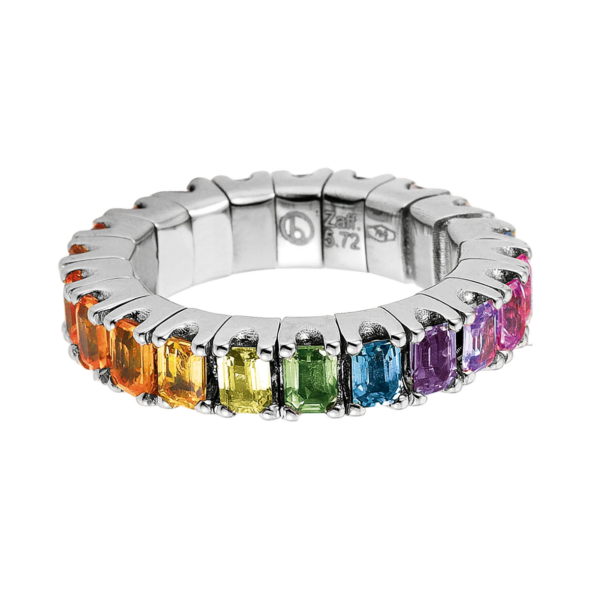 Silver ring with rainbow-colored sapphire gemstones on a white background