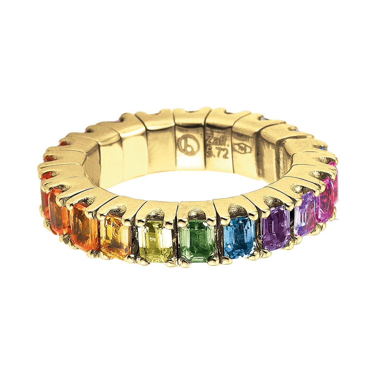 A yellow gold eternity ring featuring a continuous row of colorful rectangular gemstones in orange, yellow, green, blue, purple, and pink, set against a plain white background.