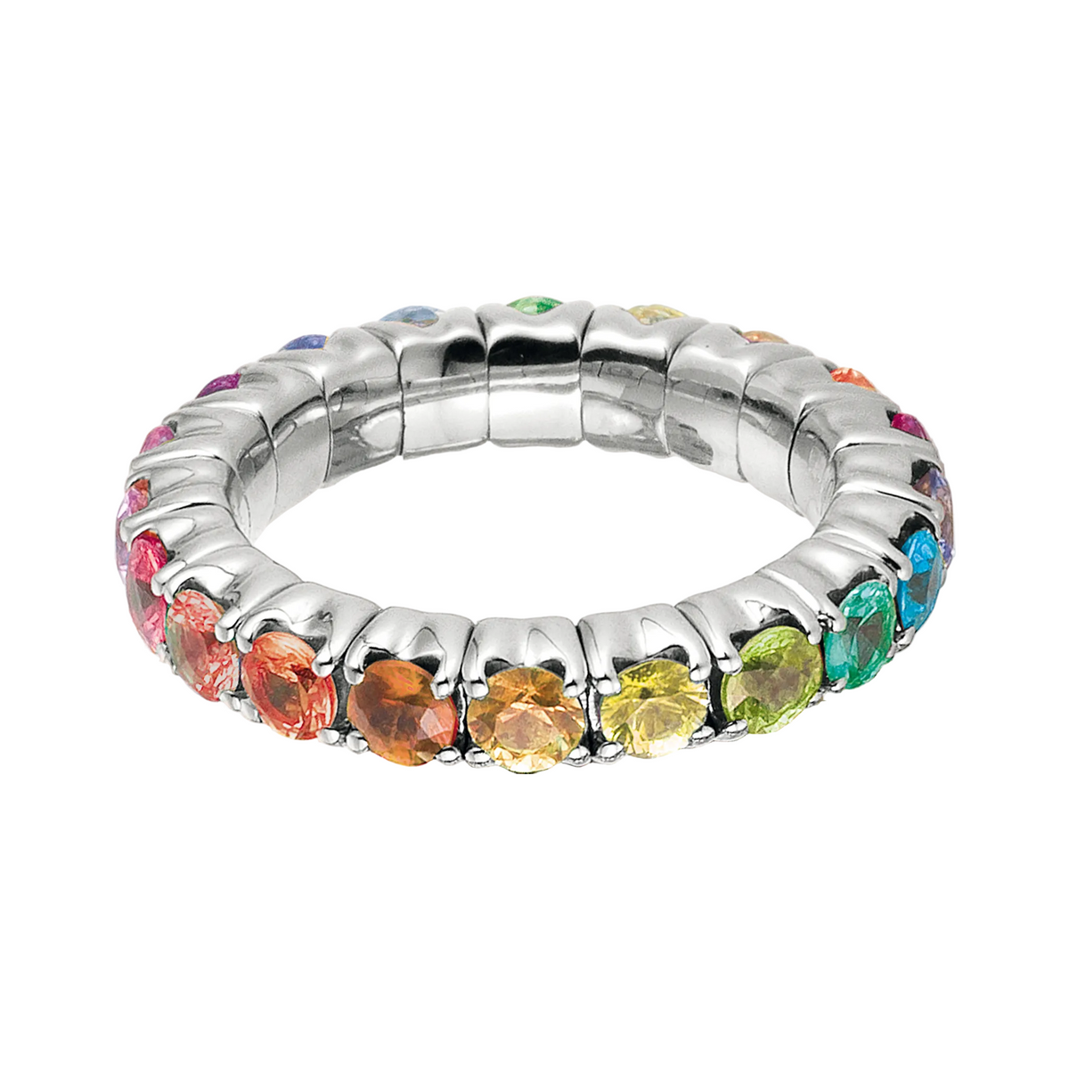 Silver ring with colorful gemstones on a white background