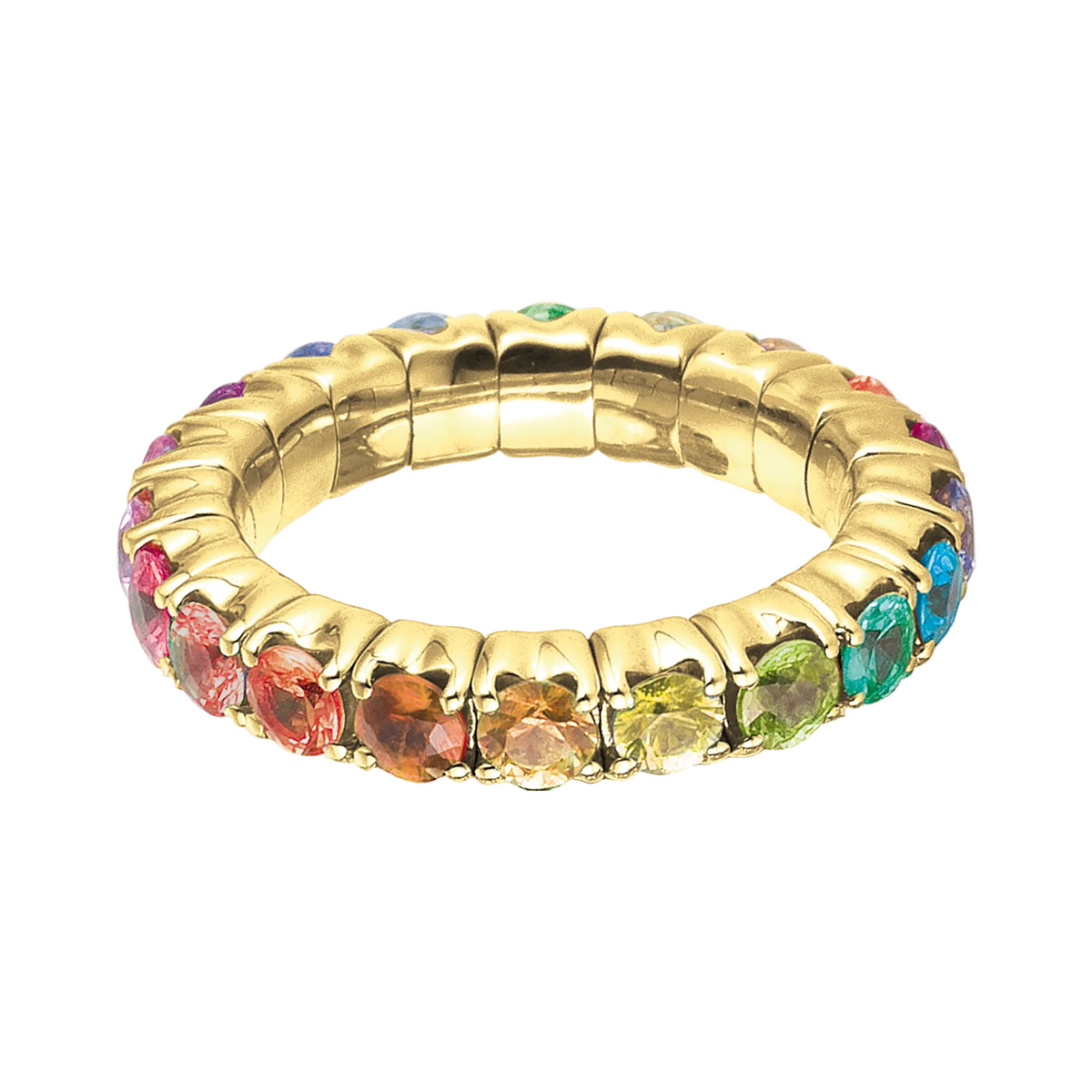 A gold eternity ring featuring a continuous row of colorful round-cut gemstones in pink, orange, yellow, green, blue, and purple, set against a plain white background.