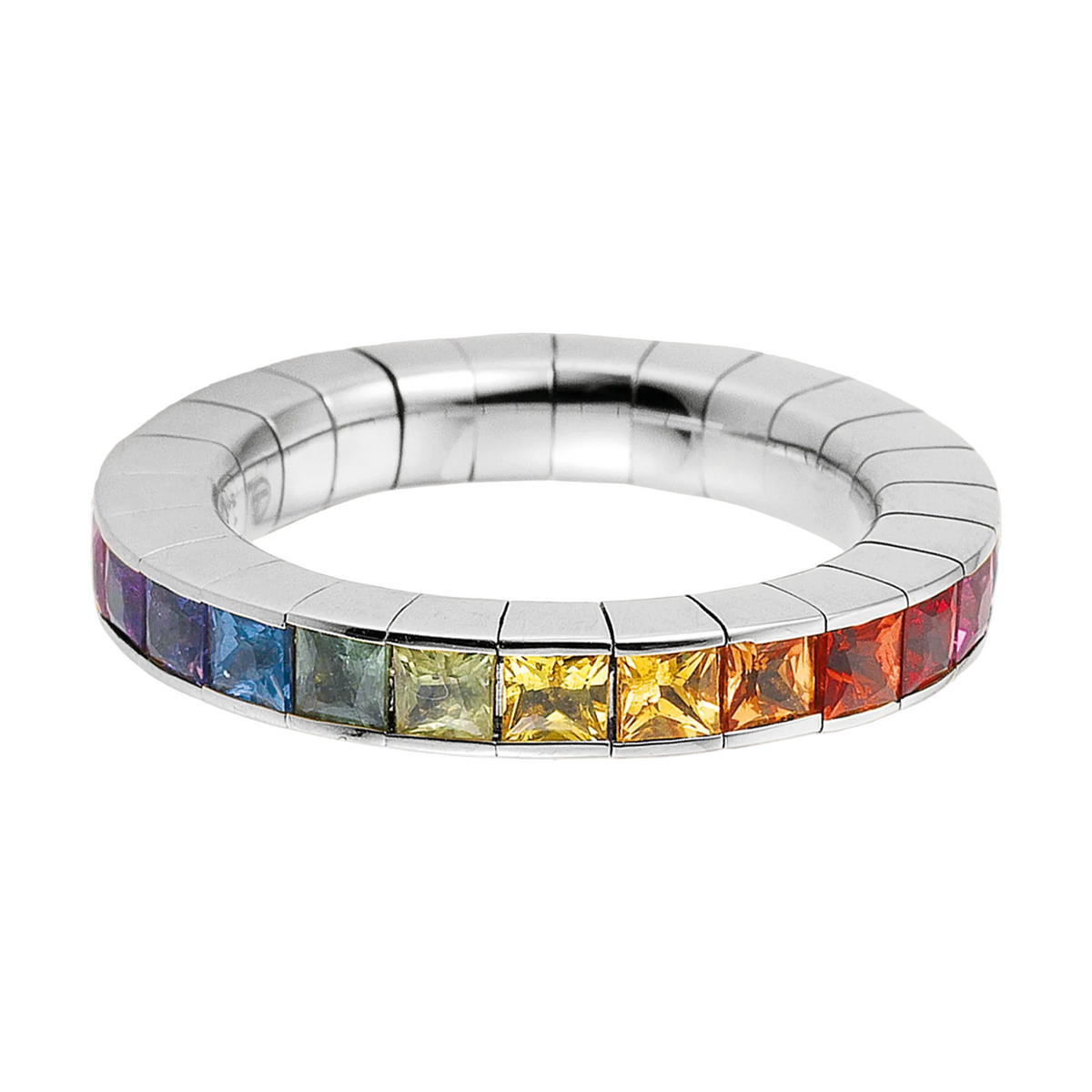 Silver ring with colorful gemstones on a white background