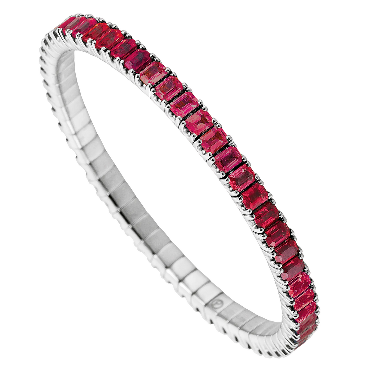 Silver bracelet with red gemstones on a white background